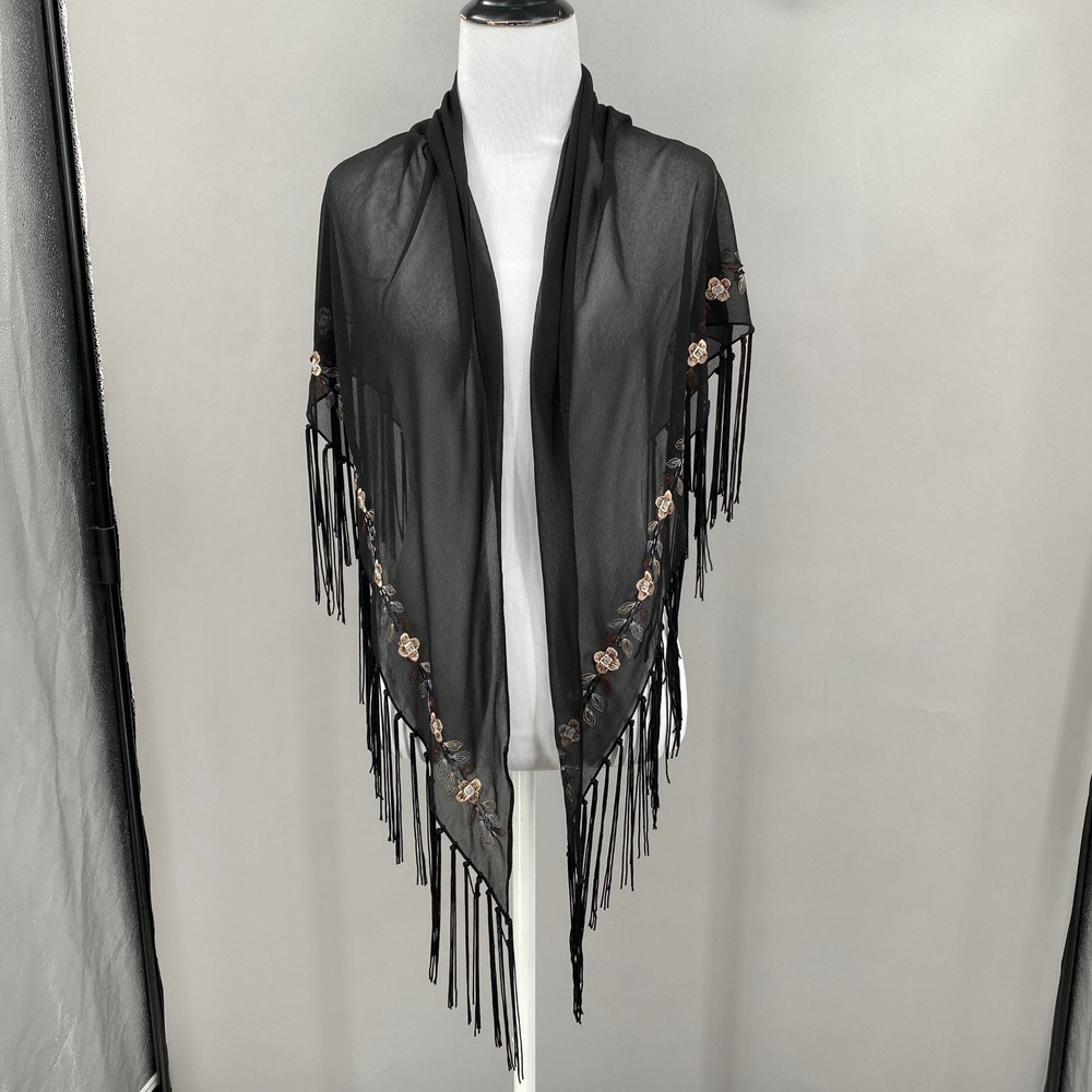 Floral Embroidered Beaded Fringe Shawl Wrap Black One Size Sheer Whimsigoth Boho